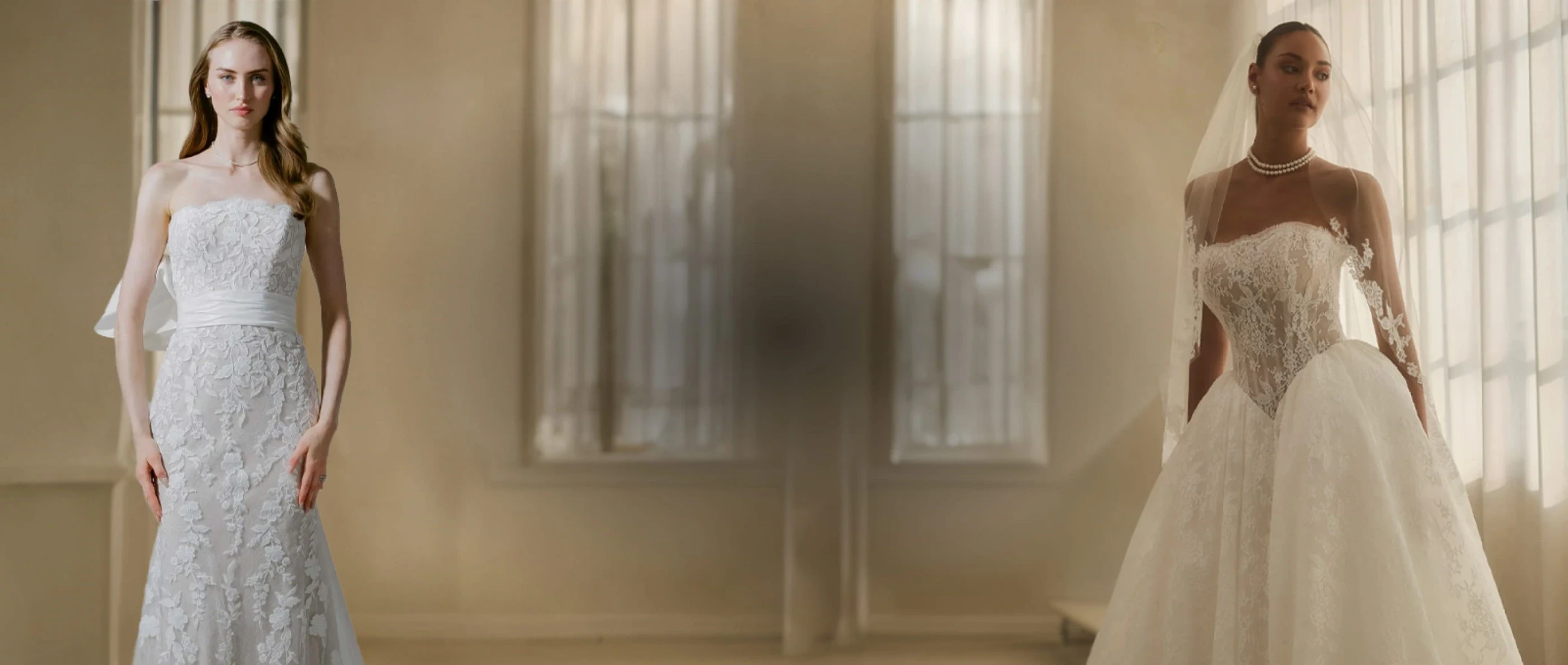 Models are wearing Casablanca and Morilee bridal dresses, desktop banner